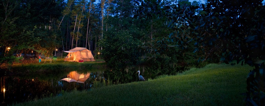 フロリダにあるディズニー・フォート・ウィルダネス・リゾート・キャンプサイトの川沿いに張られたテント